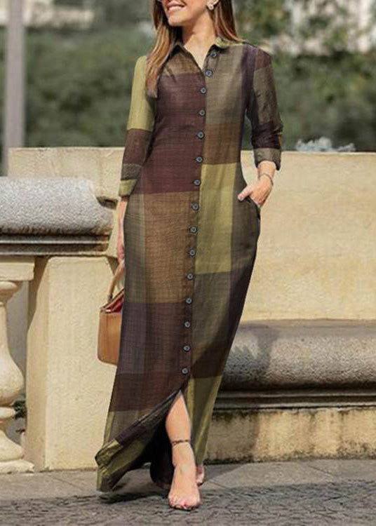 Blue Peter Pan Collar Plaid Button Maxi Shirt Dresses Spring