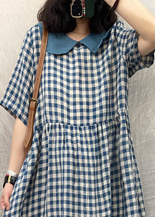 Blue Peter Pan Collar Plaid Linen Dresses Summer