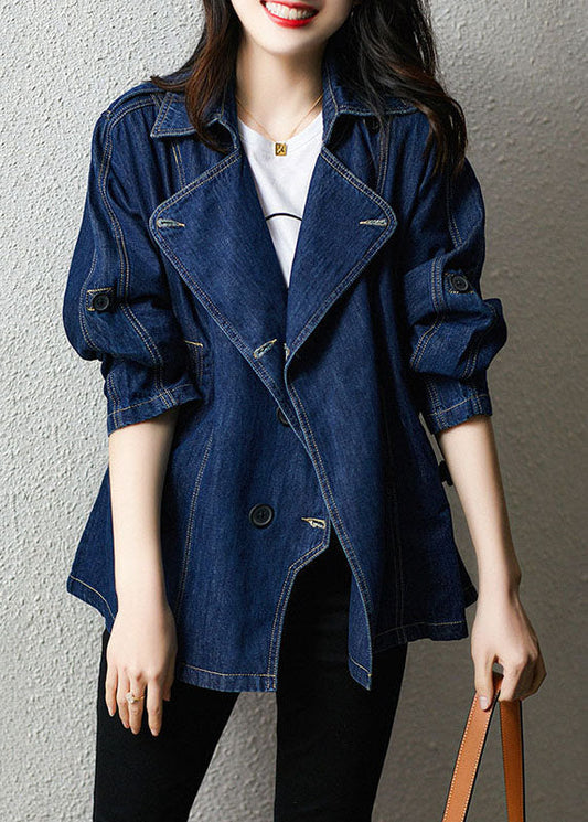 Blue Peter Pan Collar Pockets Drawstring Patchwork Denim Coat Fall