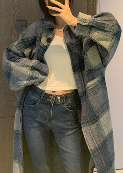 Blue Peter Pan Collar Pockets Plaid Woolen Long Coats Fall