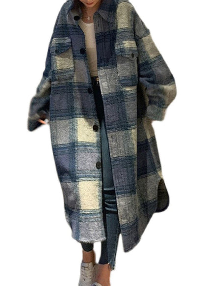 Blue Peter Pan Collar Pockets Plaid Woolen Long Coats Fall