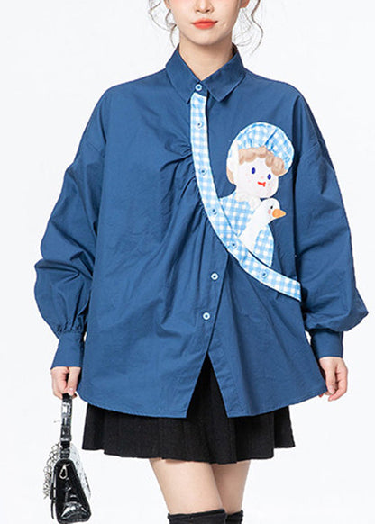 Plus Size Blue Peter Pan Collar Print Button Cotton Shirts Long Sleeve