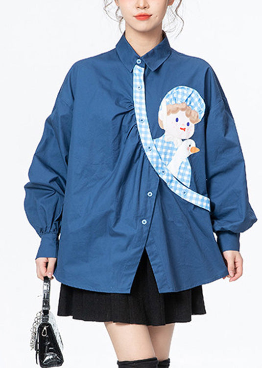 Blue Peter Pan Collar Print Button Cotton Shirts Long Sleeve