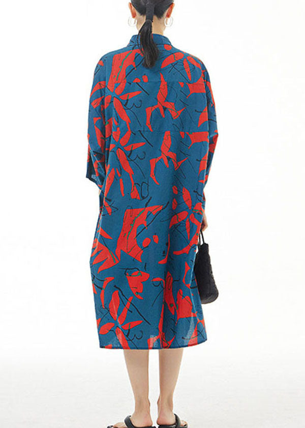 Blue Peter Pan Collar Print Patchwork Cotton Shirts Dress Spring