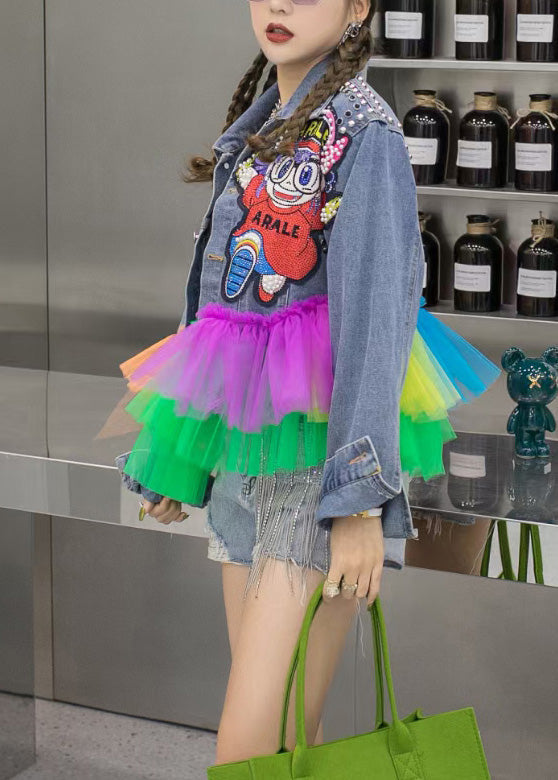 Blue Peter Pan Collar Sequins Denim Coats Long Sleeve