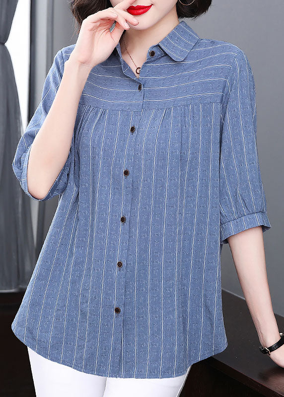 Blue Peter Pan Collar Striped Patchwork Cotton Shirt Tops Summer