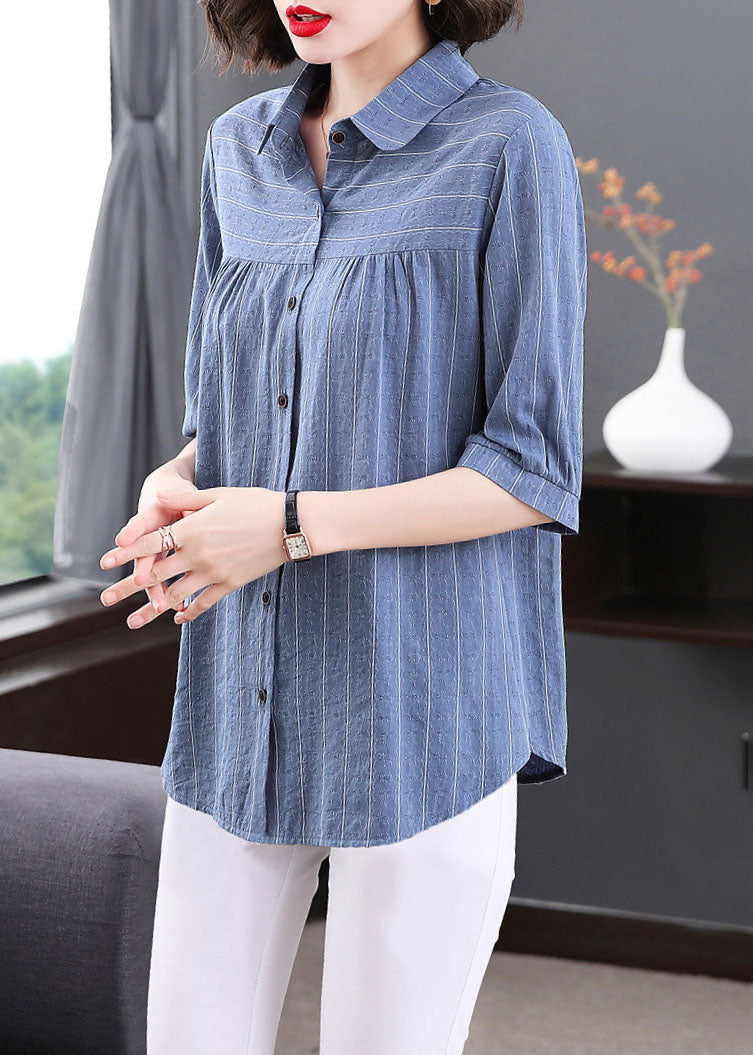 Blue Peter Pan Collar Striped Patchwork Cotton Shirt Tops Summer