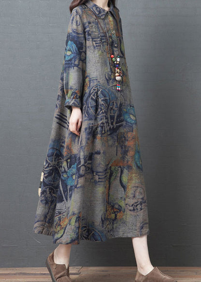 Blue Peter Pan Collar Pockets Print Cotton Party Dress Long Sleeve