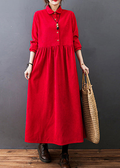 Blue Peter Pan Collar Wrinkled Corduroy Vacation Dresses Long Sleeve