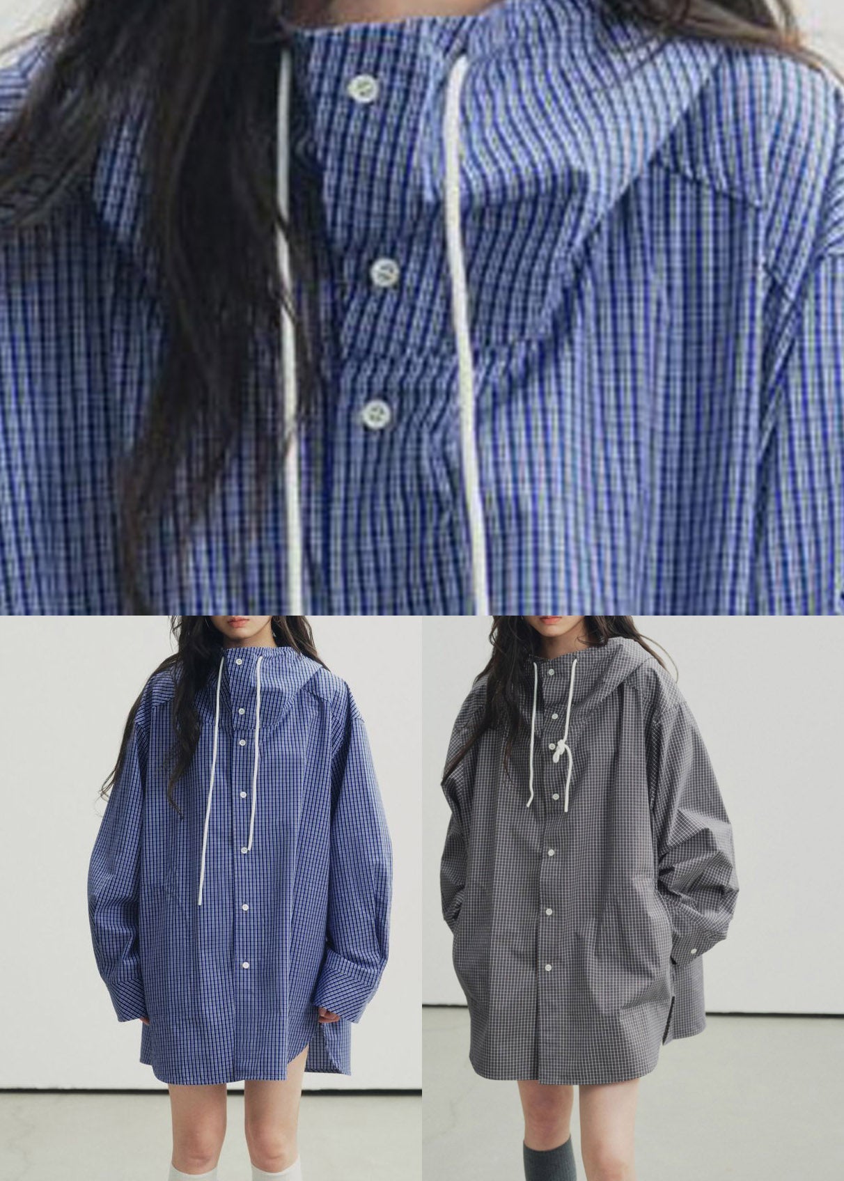 Plus Size Blue Plaid Drawstring Button Hooded Shirt Lantern Sleeve