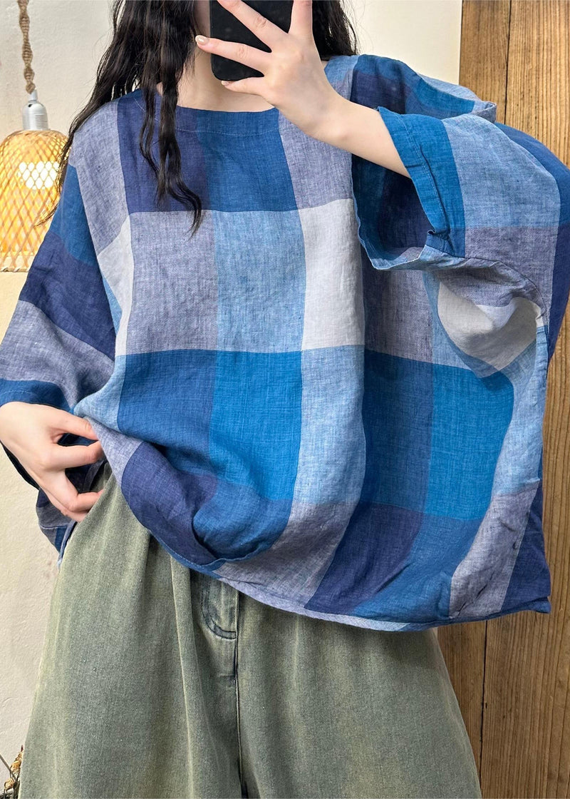 Blue Plaid O-neck Cotton Top Batwing Sleeve