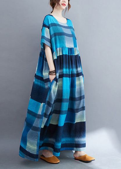 Blue Plaid O-neck Patchwork Maxi Dresses Summer