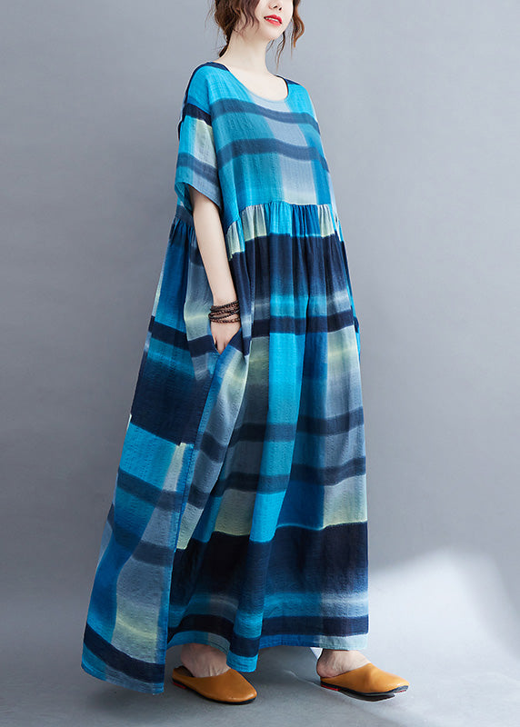 Blue Plaid O-neck Patchwork Maxi Dresses Summer