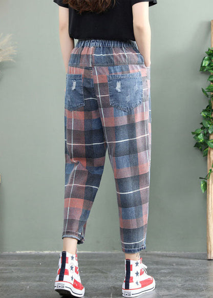 Blue Plaid Patchwork Denim Pants Spring