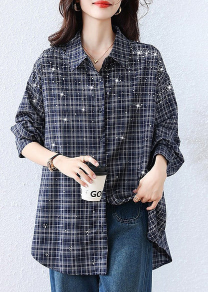 Plus Size Blue Plaid Rhinestone Cotton Blouse Tops Fall