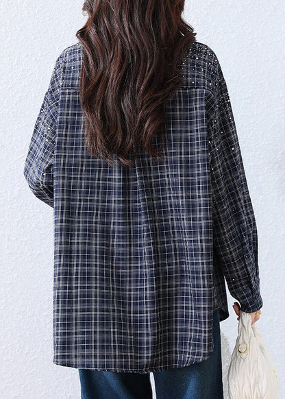 Plus Size Blue Plaid Rhinestone Cotton Blouse Tops Fall