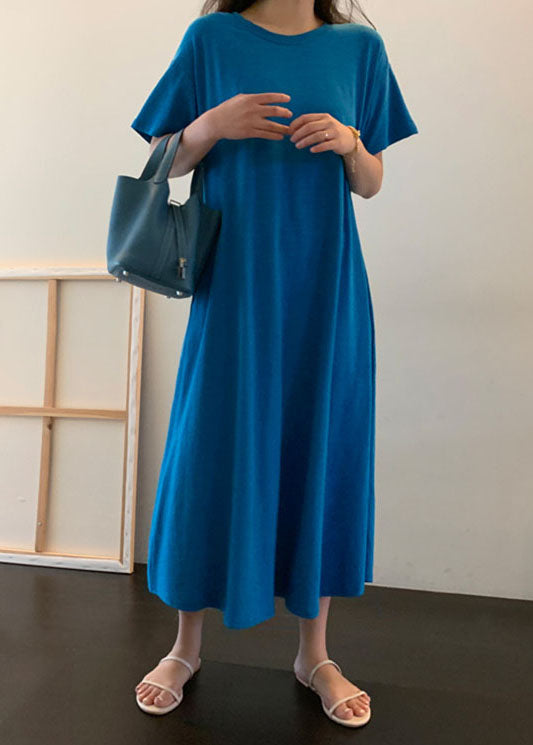 Blue Pockets Cotton Long Dress Short Sleeve