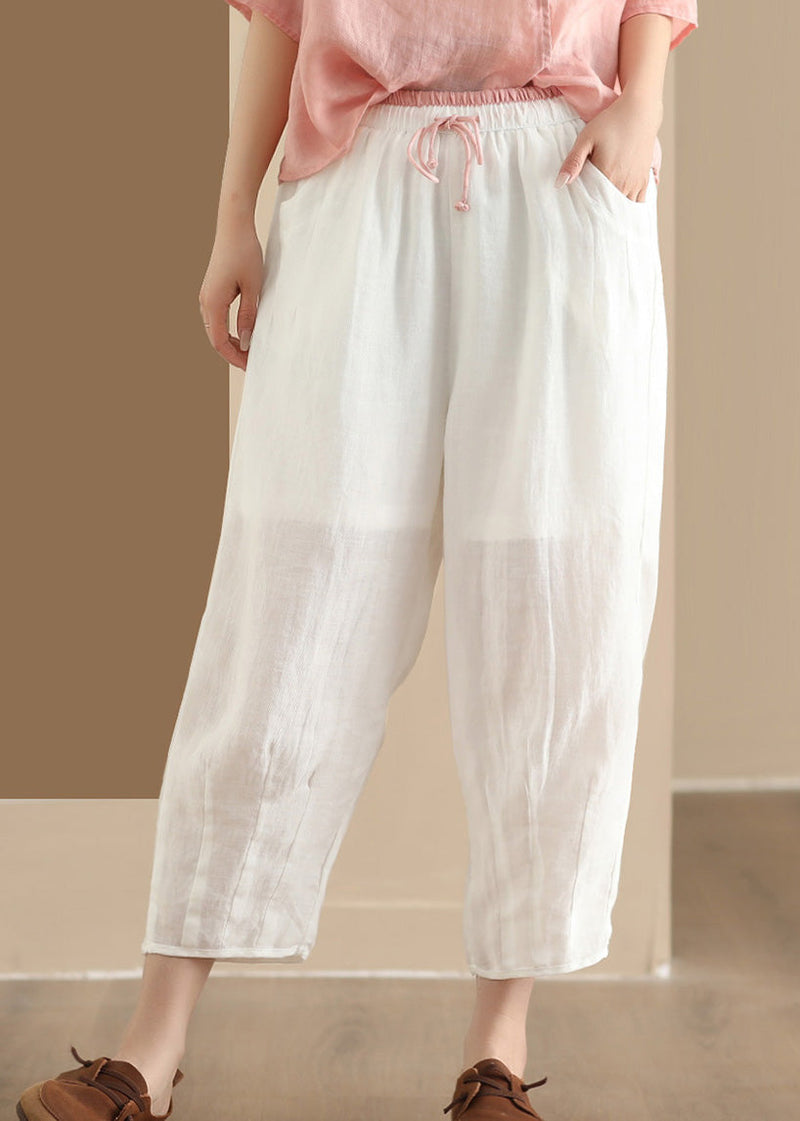 Blue Pockets Elastic Waist Linen Harem Pants Summer