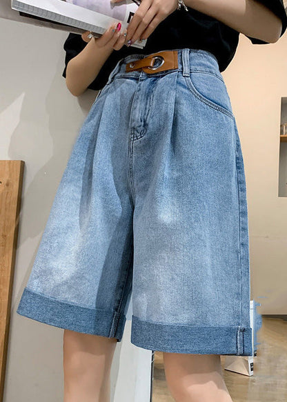 Blue Pockets Patchwork Sashes Shorts Summer
