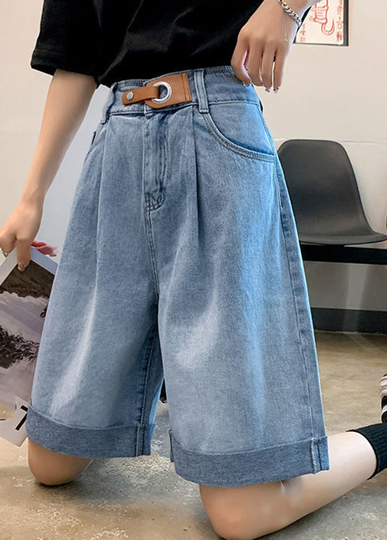 Blue Pockets Patchwork Sashes Shorts Summer