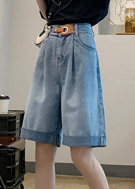 Blue Pockets Patchwork Sashes Shorts Summer