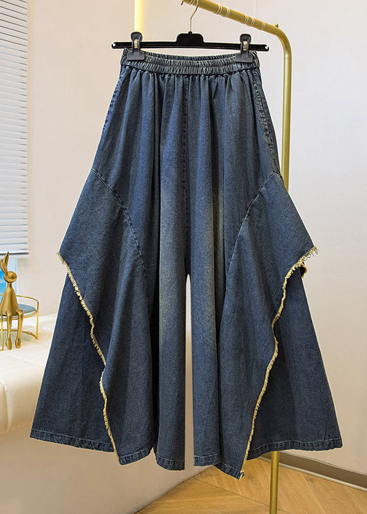 Blue Pockets Patchwork Wide Leg Denim Pants Fall