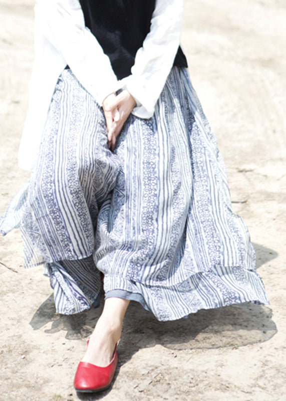 Blue Pockets Print Silk Wide Leg Pants Skirt Summer