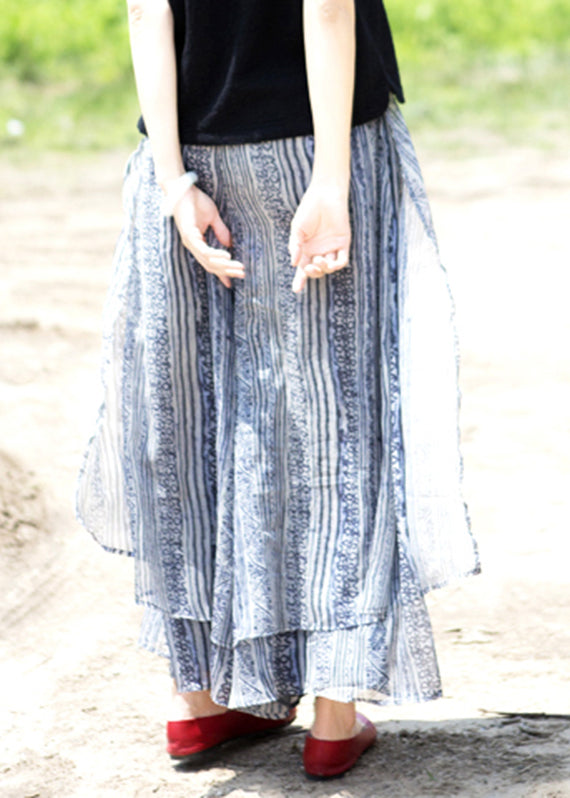 Blue Pockets Print Silk Wide Leg Pants Skirt Summer