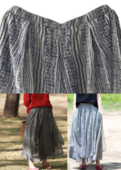 Blue Pockets Print Silk Wide Leg Pants Skirt Summer
