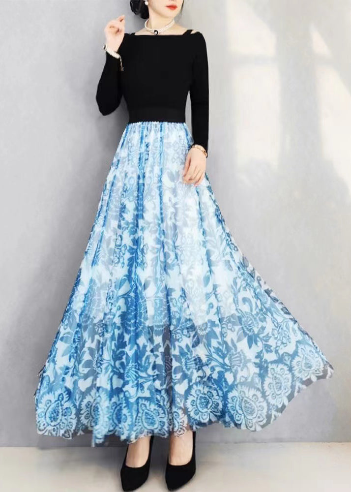 Blue Print High Waist Exra Large Hem Tulle Skirts Spring