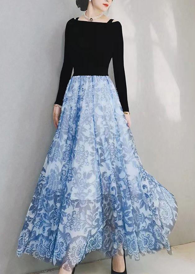 Blue Print High Waist Exra Large Hem Tulle Skirts Spring