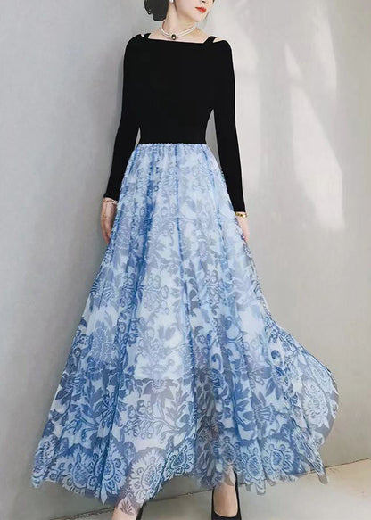 Blue Print High Waist Exra Large Hem Tulle Skirts Spring