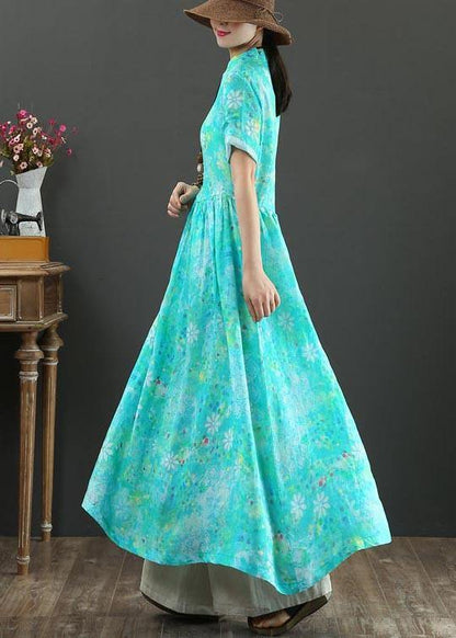 Blue Print Linen a Line Summer Holiday Dress