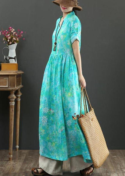 Blue Print Linen a Line Summer Holiday Dress