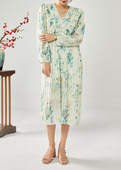 Blue Print Patchwork Ruffles Wrinkled Chiffon Long Dress Spring