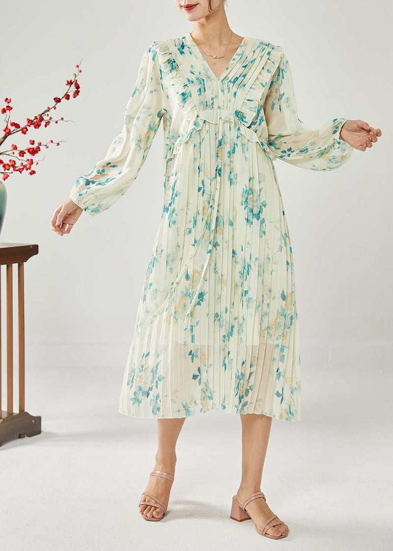 Blue Print Patchwork Ruffles Wrinkled Chiffon Long Dress Spring