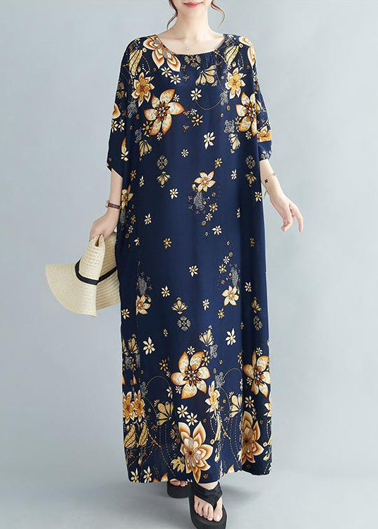 Blue Print Pockets Cotton Long Dresses Half Sleeve