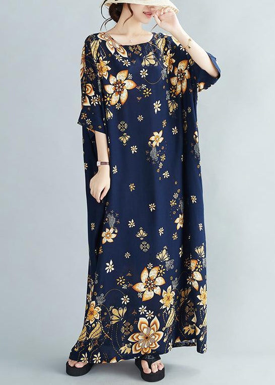 Blue Print Pockets Cotton Long Dresses Half Sleeve