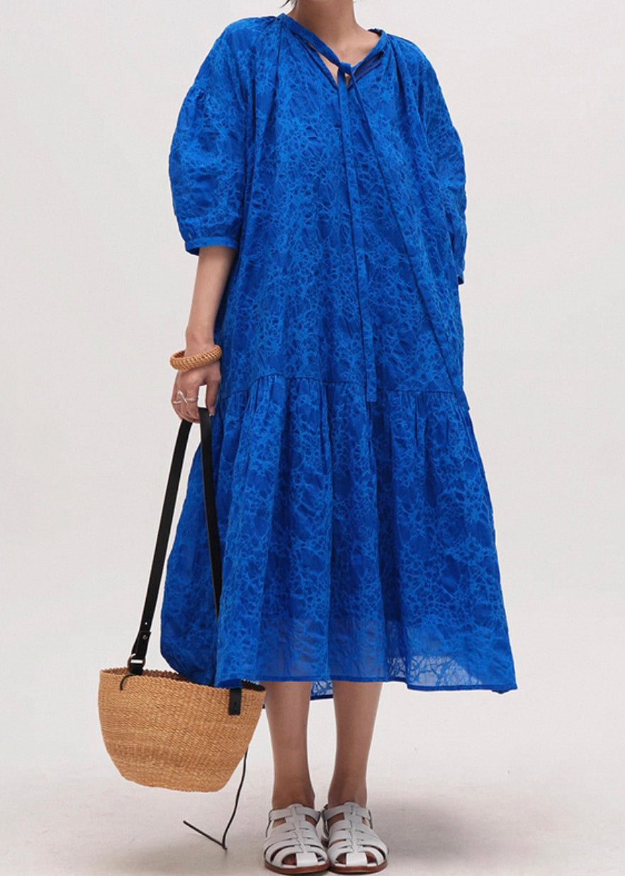 Blue Print Pockets Lace Up Cotton Long Dresses Half Sleeve