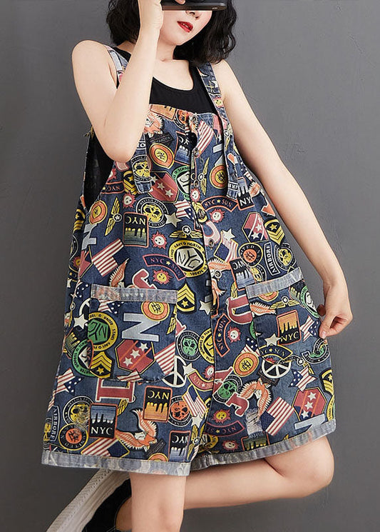 Blue Print Pockets Patchwork Denim Shorts Jumpsuit Summer