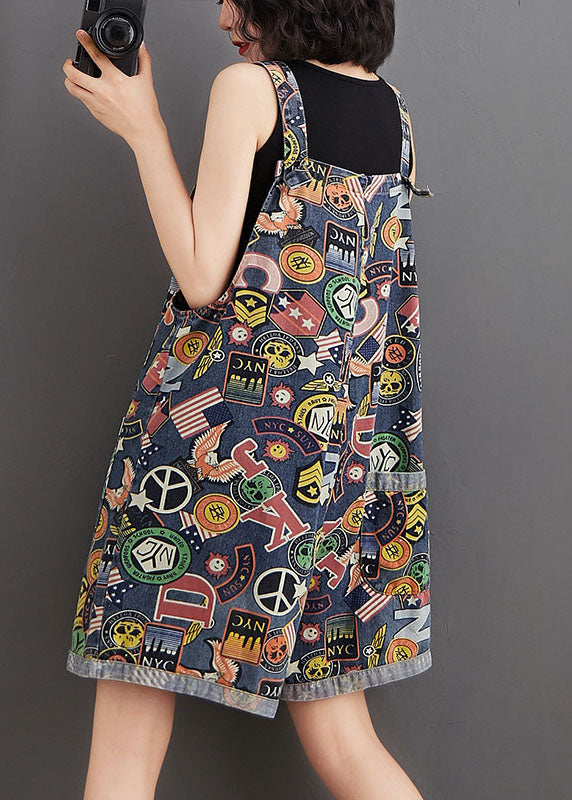 Blue Print Pockets Patchwork Denim Shorts Jumpsuit Summer