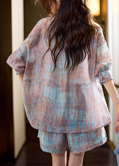 Blue Print Shirt and Shorts Chiffon Two Pieces Set Half Sleeve