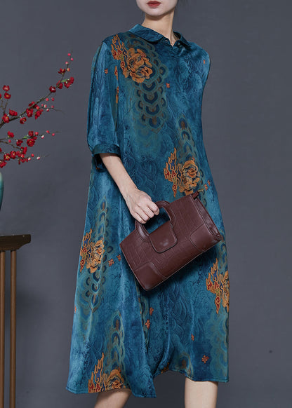 Blue Print Side Open Silk a Line Dress Summer