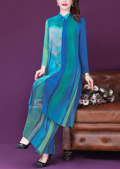 Blue Print Side Open Silk Long Shirt and Wide Leg Pants Two Pieces Set Spring