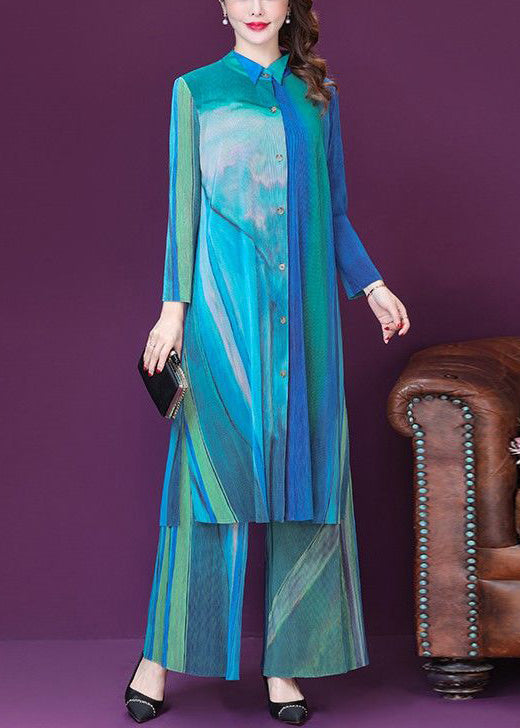 Blue Print Side Open Silk Long Shirt and Wide Leg Pants Two Pieces Set Spring