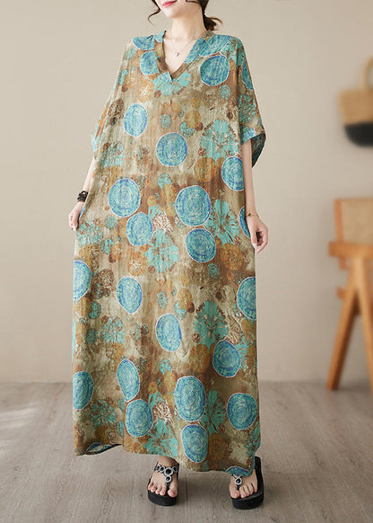 Blue Print Wrinkled Pockets Long Dresses Short Sleeve