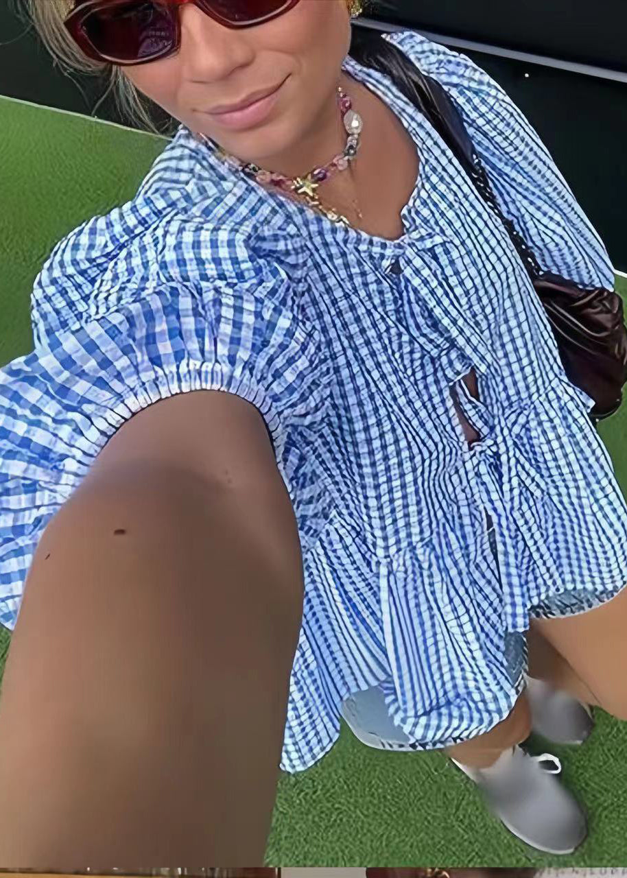 Blue Puff Sleeve Plaid Lace Up Cotton Shirts Summer