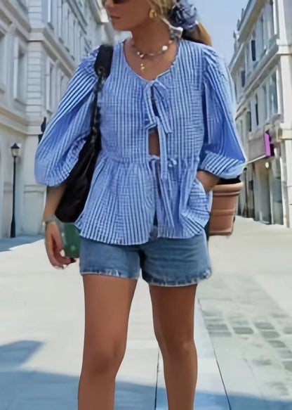 Blue Puff Sleeve Plaid Lace Up Cotton Shirts Summer