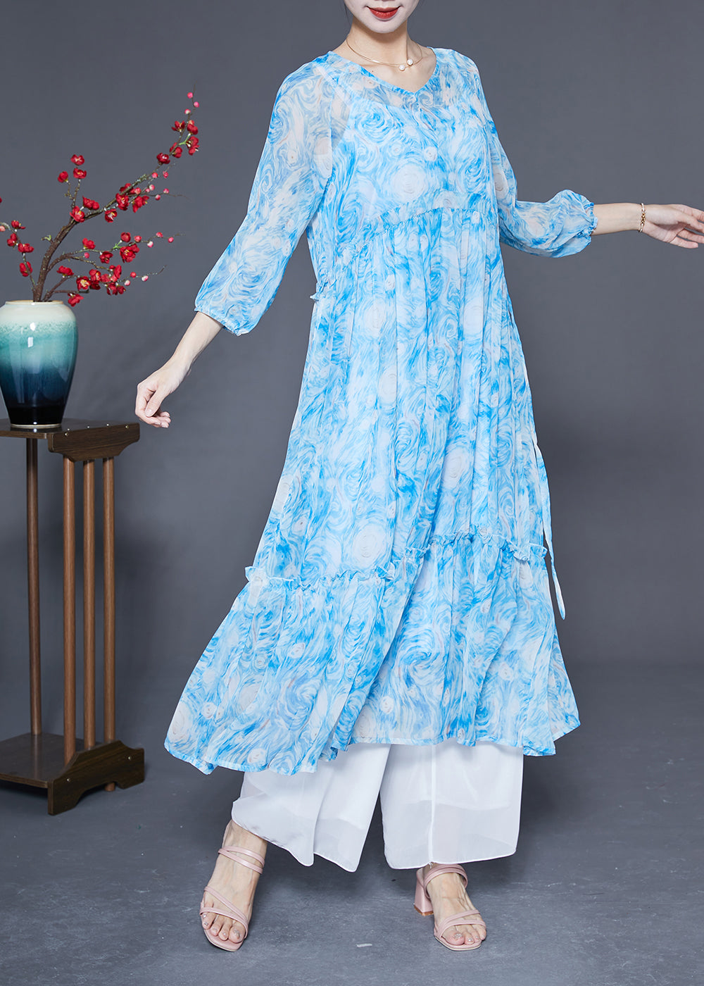 Blue Ruffled Patchwork Exra Large Hem Chiffon Beach Dresses Bracelet Sleeve