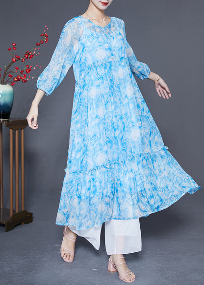 Blue Ruffled Patchwork Exra Large Hem Chiffon Beach Dresses Bracelet Sleeve